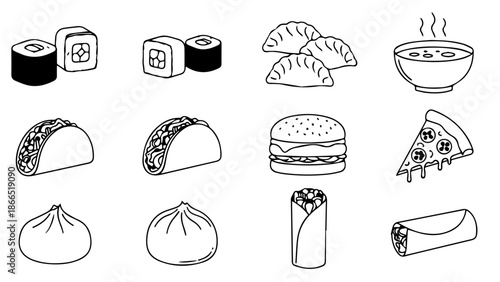 Assorted international dishes isolated on white background, Vector