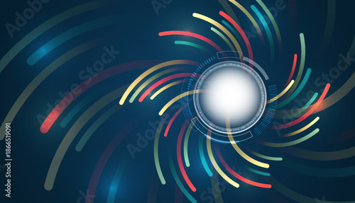 Abstract big data visualization with colorful curved lines orbiting a glowing central core, symbolizing data streams, analytics, processing power, and advanced digital technology.