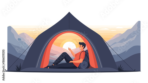 Adventurer Relaxing Inside Tent Enjoying Mountain Views During Camping Trip