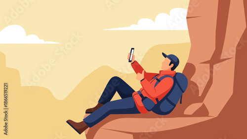Adventurer Relaxes On Cliffside Checking His Phone During Picturesque Hike