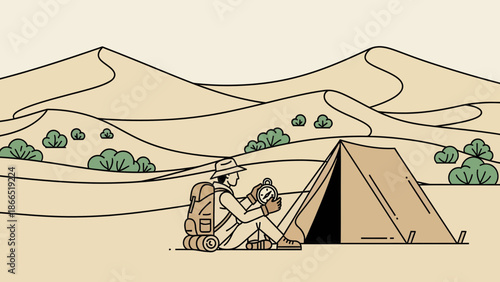 Adventurer Resting In The Desert Landscape Finds His Bearing Near His Tent
