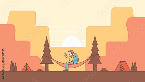 Adventurer Relaxing In Hammock At Sunset Surrounded By Mountainous Camping Landscape