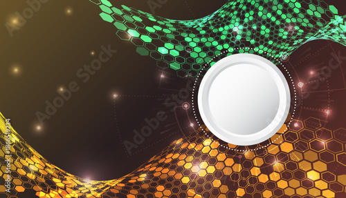 Futuristic high-tech background with glowing hexagonal waves and a circular interface element, symbolizing digital networks, data technology, innovation, and advanced cyber systems.