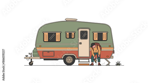 Adventurer Repairing Vintage Caravan Under Cloudy Skies For Wilderness Exploration
