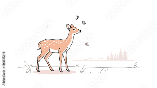 Graceful Fawn Gazing at Butterflies in a Tranquil Forest Landscape Illustration