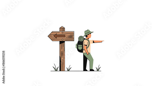 Adventurer Seeking Direction On A Trailhead Pointing Towards The Unknown Outdoors