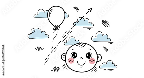 Happy Baby Boy with Balloon Flying.