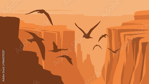 Grand Canyon Landscape With Birds Flying At Sunset Time In The Desert