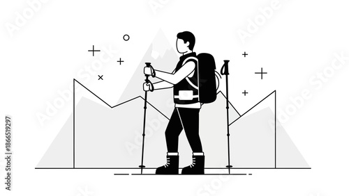 Adventurer Silhouette Hiking In The Mountains With Backpack And Trekking Poles