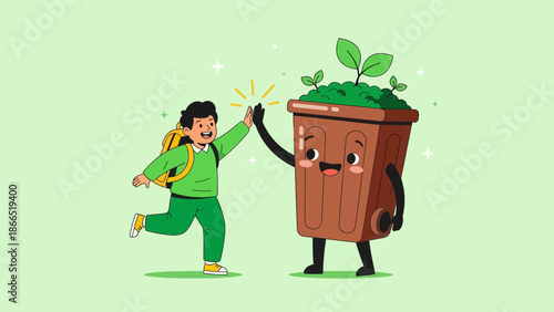 Green Schoolboy Gives High Five To A Recycle Bin With Seedlings Sprout