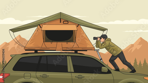 Adventurer Uses Binoculars On Overland Expedition With Roof Top Tent At Mountain