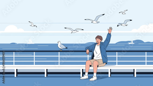 Greeting Seagulls At Seaside Man Enjoying Peaceful Seascape Scene on Blue