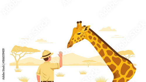 Greetings From African Safari Man Waving To Friendly Tall Giraffe In National Park