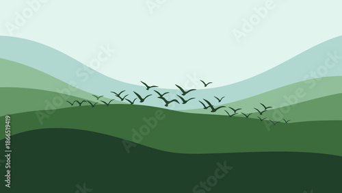 Green Hilly Landscape With Flying Birds Minimalist Natural Illustration