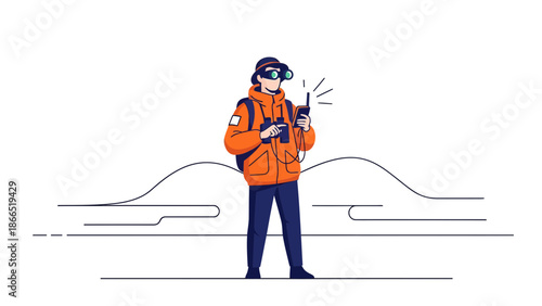 Adventurer Uses Radio Communication In A Mountain Landscape Expedition Drawing