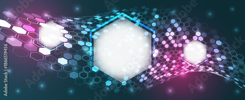 Futuristic technology background with glowing hexagon shapes and flowing digital waves in blue and purple tones, representing data networks, innovation, connectivity, and modern high-tech concepts.