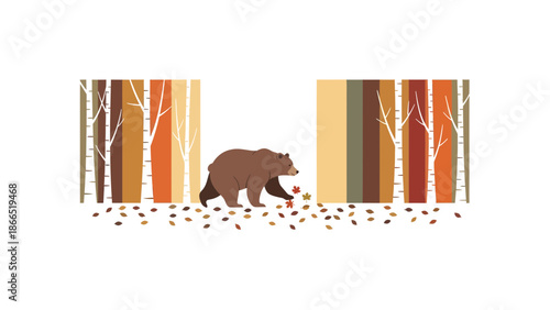 Grizzly Wanders Through the Autumn Forest Illustration with Vibrant Fall Colors
