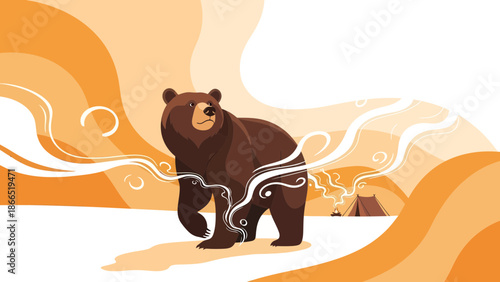 Grizzly Bear Roaming Freely Near Camping Area In A Stylized Illustration