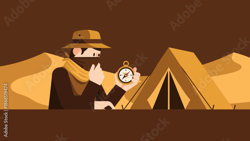 Adventurer Using Compass In Desert Landscape For Travel And Direction Finding