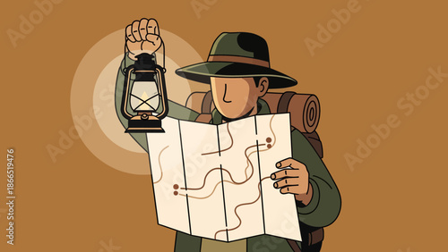 Adventurer Using Lantern And Map For Navigation In Unknown Location