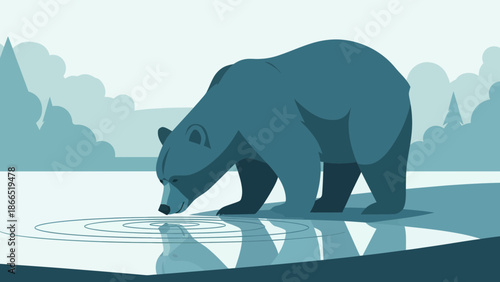 Grizzly Bear Drinking Clean Water At Lake With Mountain Background