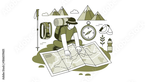 Adventures Await A Hiker Plotting His Route Across A Topographic Map