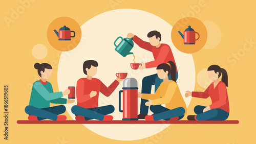 Group Of Friends Enjoying Tea Together During Outdoor Gathering Illustration