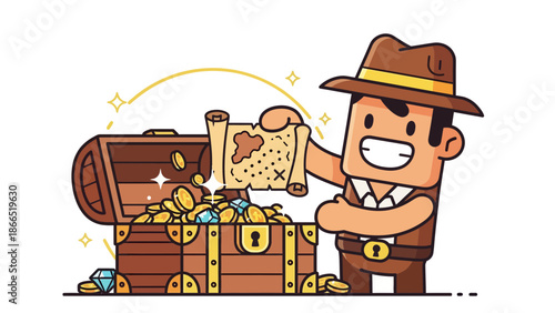 Adventurer With Map Discovering Treasure Chest Cartoon Illustration