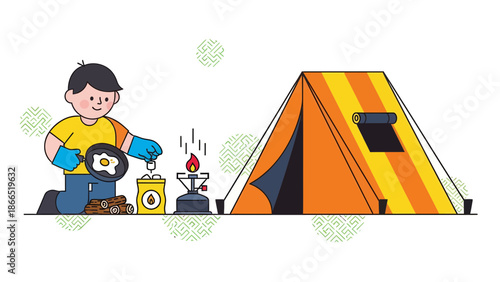 Adventures In Camping A Boy Preparing Food Near Tent In Nature