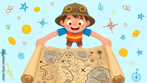 Adventures Boy With Pirate Treasure Map For Kids Illustration Vector