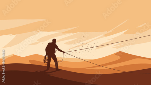 Adventures In The Desert A Man Silhouette Holding A Lasso At Sunset