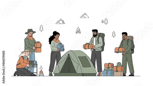 Group Of Friends Preparing To Set Up Camp In A Mountain Landscape Scene