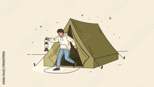 Adventures Under The Stars Young Man Camping Outdoors Holding A Lantern