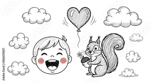 Cartoon Squirrel Holding Heart Balloon Illustration.