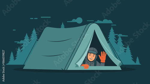 Adventures With Camping Man Inside Tent Waving Hello In The Woods Vector