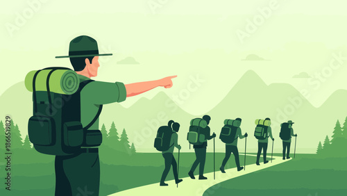 Guiding Hiker Group Exploring Wilderness Trekking Adventure With Park Ranger
