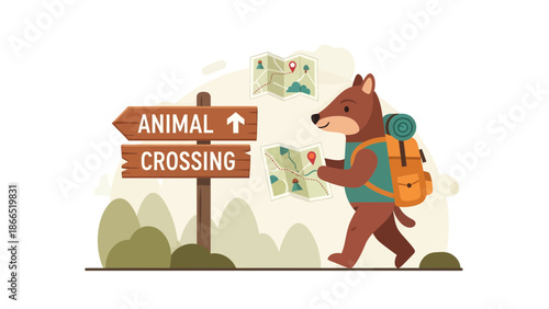 Adventurous Animal Exploring Wildlife Trails With Backpack And Map Signage