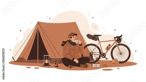 Adventurous Bicyclist Relaxing At Campsite With Hot Drink After Cycling Trip