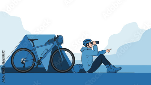 Adventurous Bicyclist Resting Looks Through Binoculars Near Tent On Mountain