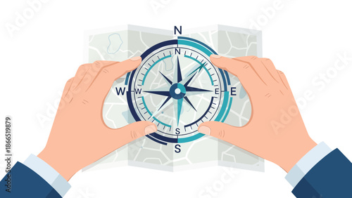 Hands Holding Compass Over Map Guiding Destination With Cartography Concept