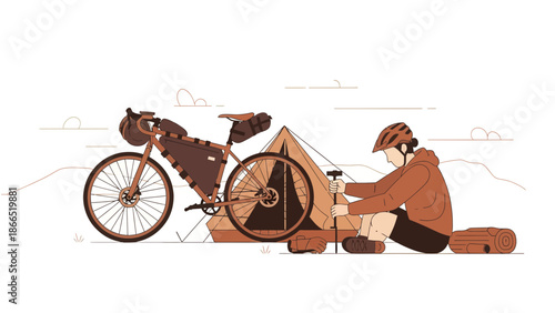 Adventurous Bike Touring With Tent And Biker Preparing Camping In The Wilderness