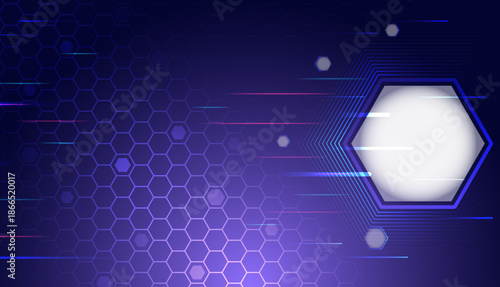 Futuristic high-tech background with a glowing hexagonal frame, blue and purple gradients, motion lines, and honeycomb pattern, symbolizing digital innovation, data flow, and modern technology.