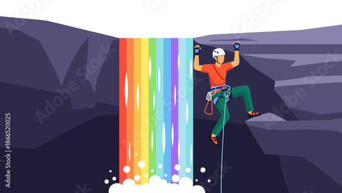 Adventurous Climber Ascending Cliffside Near Vibrant Rainbow Waterfall Illustration