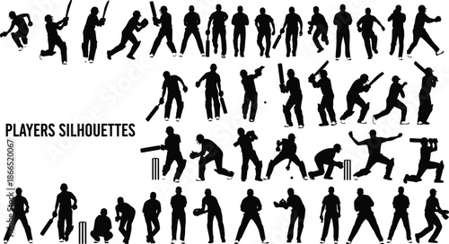 Collection of cricket player silhouettes featuring batsmen bowlers and fielders in various action poses for sports design and athletic competition