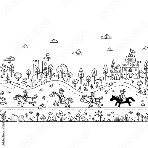 Medieval Knights Riding Horses on Hill with Castle in Background