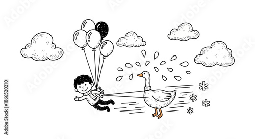 Boy Flying with Duck and Balloons.