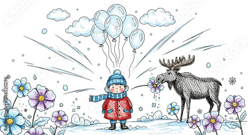 Child with Moose and Balloons Illustration.