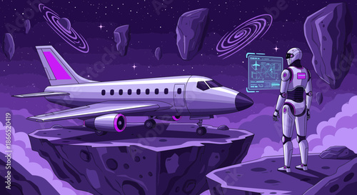 Futuristic Scene Robot Inspecting Airplane on Floating Platform in Space.