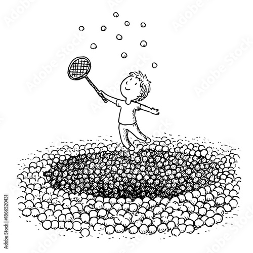 Boy Playing Tennis in Ball Pit