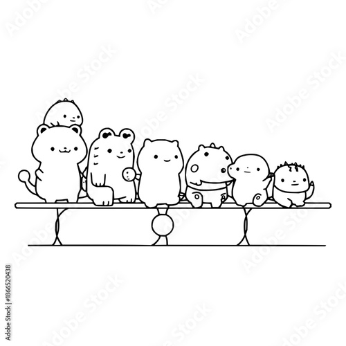 Cute Cartoon Cats Sitting on Fence Line, Isolated on White
